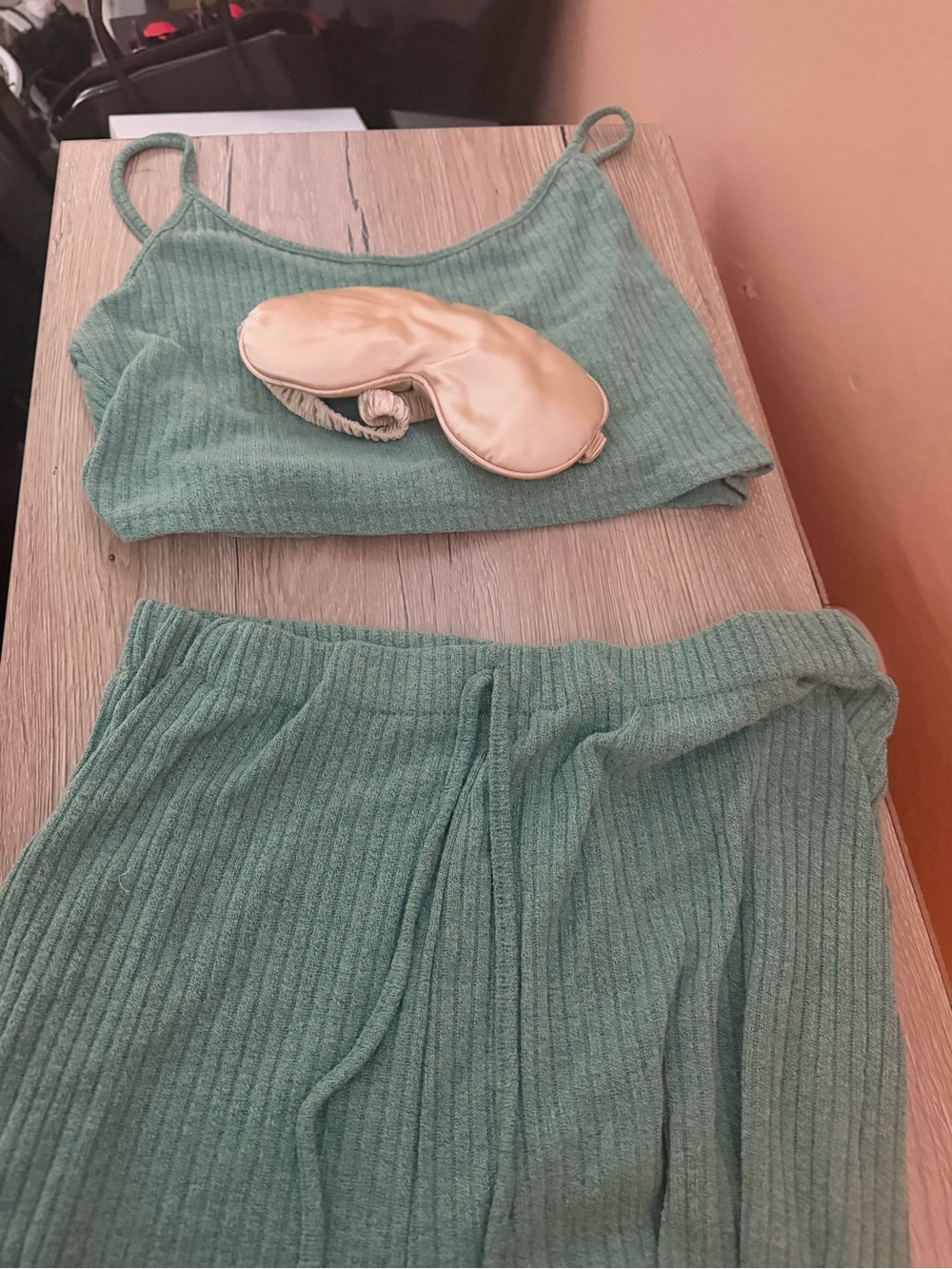 Fashion Nova Sage Green Ribbed Cami & Lounge Set with Satin Eye Mask